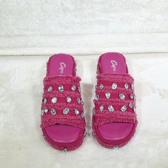 Hipster Denim Distressed Frayed Trim Rhinestone 2" Flatform Sandals Hot Pink - Picture 8 of 10